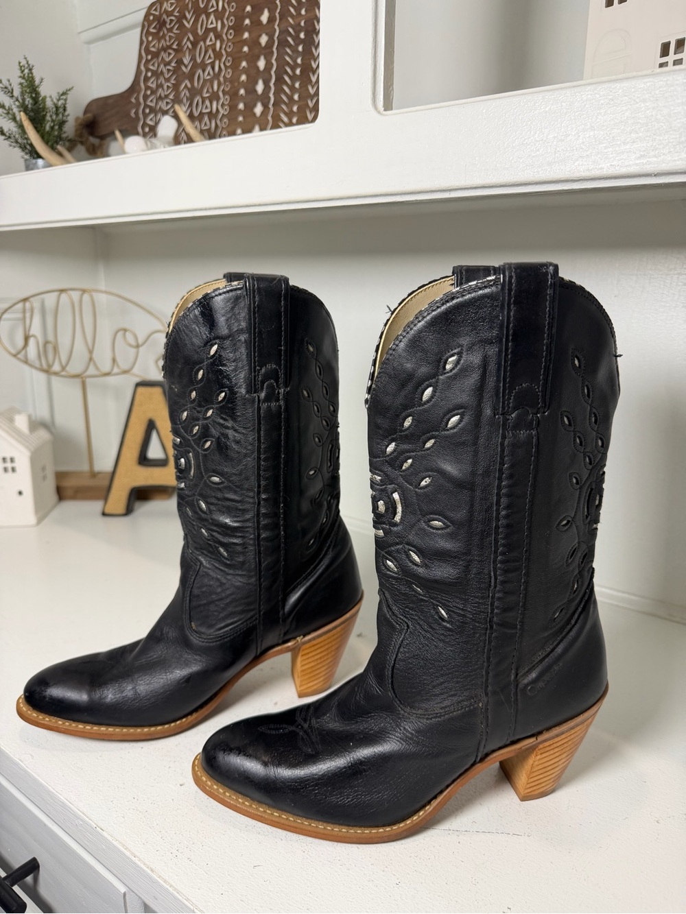 Vintage Capezio Womens 8.5M Black Leather Cutout Cowboy Boots Made USA